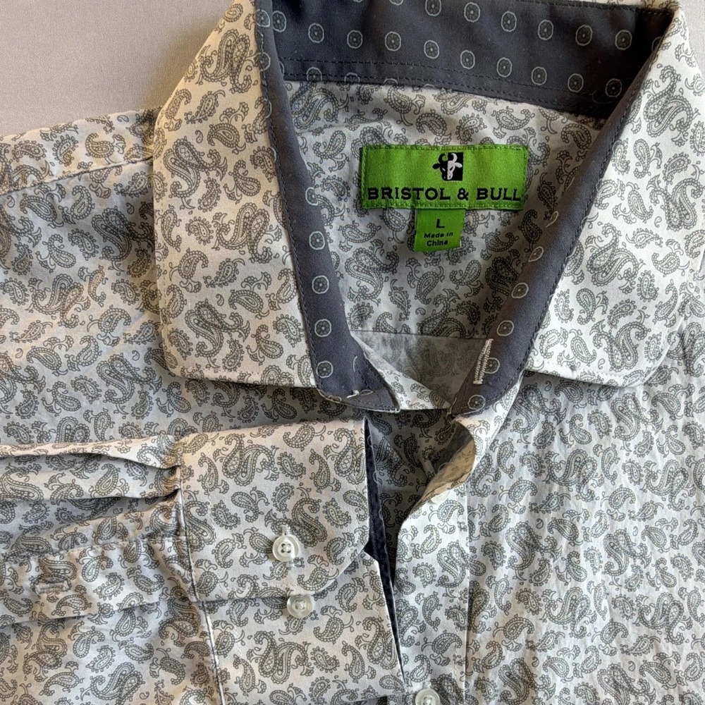 Bristol & Bull Shirt Mens L White Gray Paisley Long Sleeve Button Up